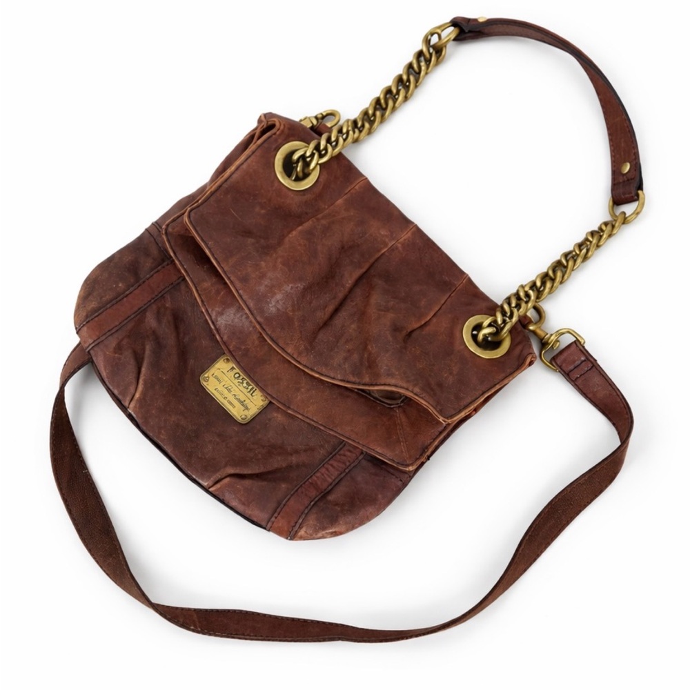 Fossil Brown Leather Chain Crossbody Shoulder Bag Boho - Picture 2 of 10